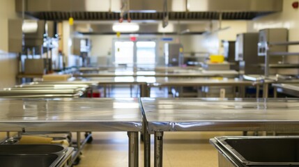 Fototapeta premium Modern commercial kitchen with stainless steel countertops and appliances.