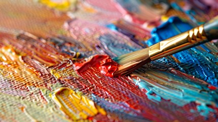 Fototapeta premium A close-up of a paintbrush loaded with red paint on a vibrant canvas with various colors.