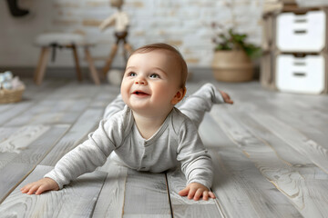 Naklejka premium Curious baby boy in grey jumpsuit lying barefoot on the floor with a joyful expression in a minimalistic setting