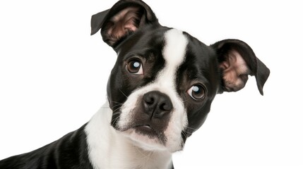 Fototapeta premium A black and white dog with a black nose and black and white ears is looking at the camera