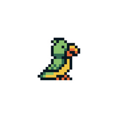 Fototapeta premium Parrot character. Pixel art. Tropical bird. Sticker design. Game assets. 8-bit. Isolated abstract vector illustration.