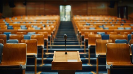 Empty Lecture Hall with Rows of Seats and Podium