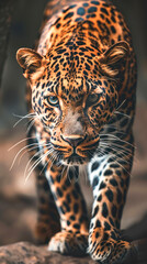 Leopard with fierce look while crouching close-up view