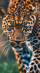 Obraz premium Alert leopard moving through green underbrush cautiously.