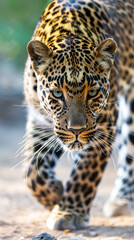 Naklejka premium Leopard walking with determined gaze on dirt path