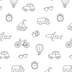 Doodle childish icon seamless pattern. Hand drawing black outline travel elements on white background. Car, balloon, boat, airplane, glasses, watch, camera. Vector illustration.