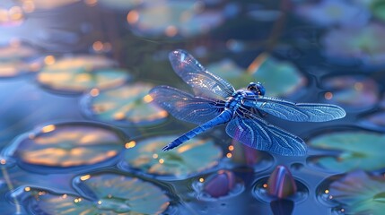 Shimmering Sapphire Dragonfly Observing Its Serene Lily Pad Dotted Pond Surroundings
