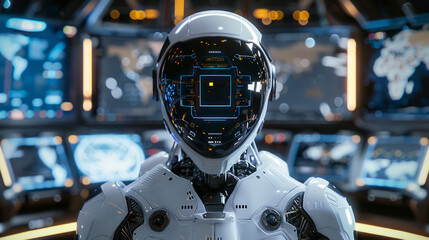 Fototapeta premium AI cyber security, Humanoid robot defending against network attacks in futuristic command center