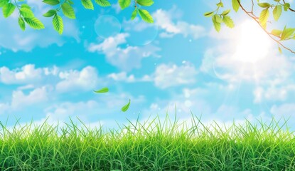 Fototapeta premium Green Grass Field Under a Sunny Sky