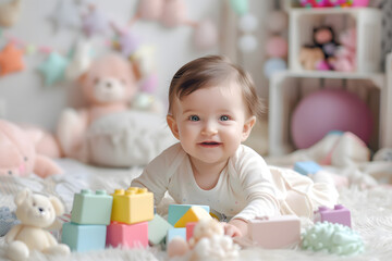 Fototapeta premium Happy baby with joyful expression playing with colorful blocks in a pastel-decorated kid's bedroom