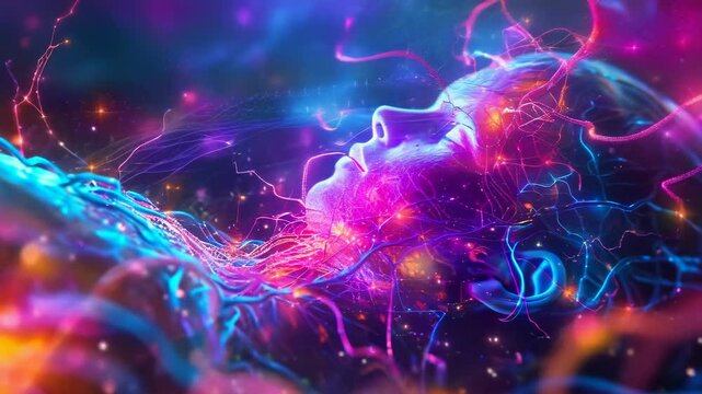 A futuristic animation featuring a person's face illuminated by neon bioluminescent lights. The circulated digital wires give it an abstract and surreal semblance. There is a celestial and tranquil