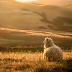 Fototapeta premium Solitary Sheep Bathed in Warm Golden Light Amid Picturesque Rolling Hills