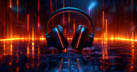 Modern headphones with sound wave on dark background, neon light effect