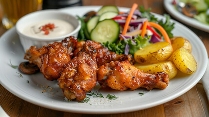 On a plate on the table are delicious fried chicken wings with vegetables and mushrooms.