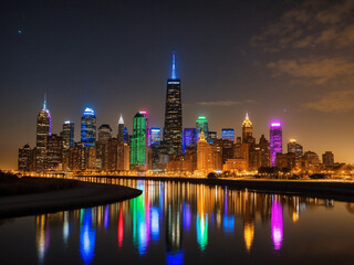 Obraz premium A stunning city skyline at night, with skyscrapers lit up in various colors. The lights reflect off a nearby river