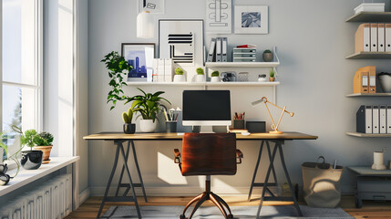 Modern Home Office Setup: A stylish and organized home office with a sleek desk, ergonomic chair, computer, and decorative elements. The setting should be bright and conducive to productivity.


