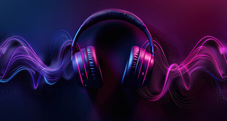 Modern headphones with sound wave on dark background, neon light effect