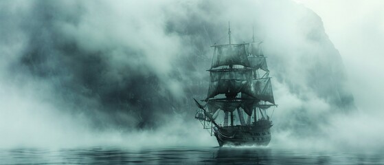 Fototapeta premium Captivating Mystery Pirate Ship Sailing through Dense Fog with Lone Pirate at Helm