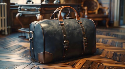 Black leather travel duffel bag, luxurious weekender, high-end luggage, brown leather straps and accents, brushed metal hardware, herringbone wooden floor.
