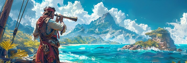 Adventure Awaits Pirate Captain Looking at Distant Island Through Telescope on Ship Deck with Blue Sky Background