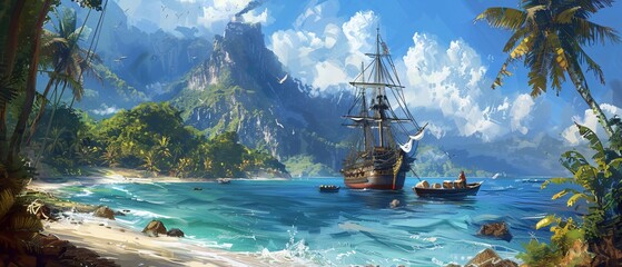 Obraz premium Pirate Crew Loading Treasure Crates on Small Boat in Tropical Bay