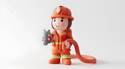 Obraz premium Adorable 3D Clay Firefighter Holding Hose on White Background