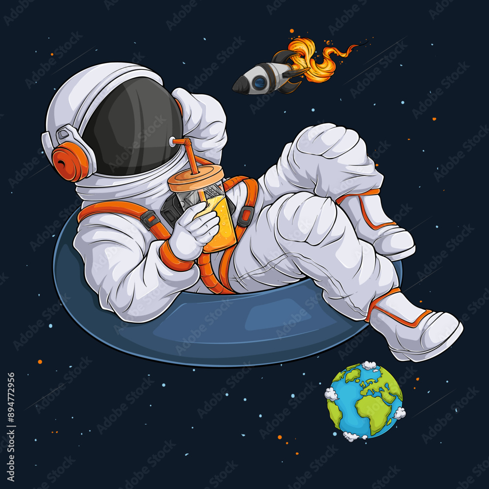 Wall mural hand drawn funny astronaut relaxing on swimming ring in the space drinking orange juice over earth