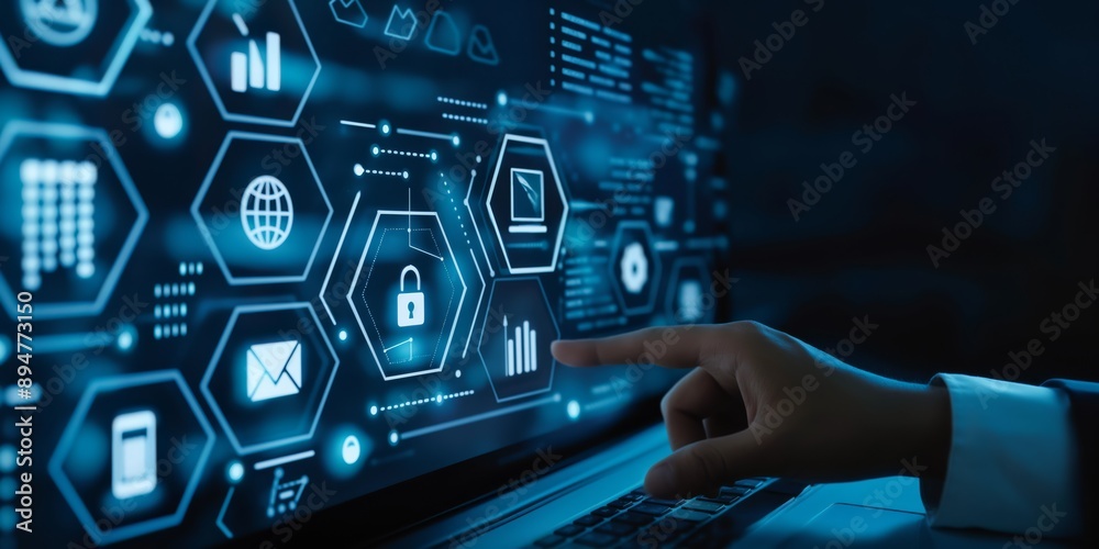 Aufkleber This is an advanced digital interface incorporating graphical data and security icons, reflecting cuttingedge technology trends in cyber security, data protection, and modern business technology
