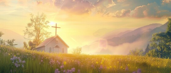 Fototapeta premium Sunrise over Field with Cross and Chapel