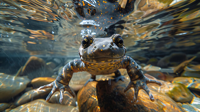 Hellbender salamander in crystal clear stream, underwater view, 