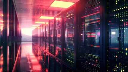 Neon Lit Data Center Corridor