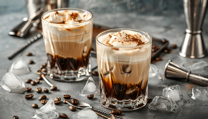 White russian cocktail, trendy alcoholic drink with vodka, coffee liqueur, cream and ice, gray background, bar tools