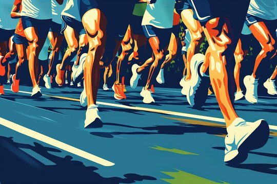 Marathon race, runners on course, detailed flat design illustration showing marathon runners on the course, with vibrant colors and dynamic movement, capturing the endurance and determination of the