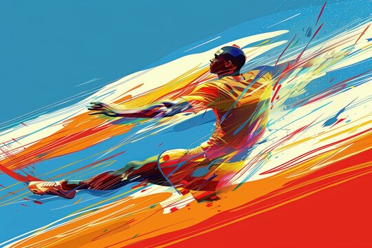 Discus throw, athlete in motion, detailed flat design illustration showing a discus thrower in action, with vibrant colors and dynamic movement, capturing the strength and technique of the throw