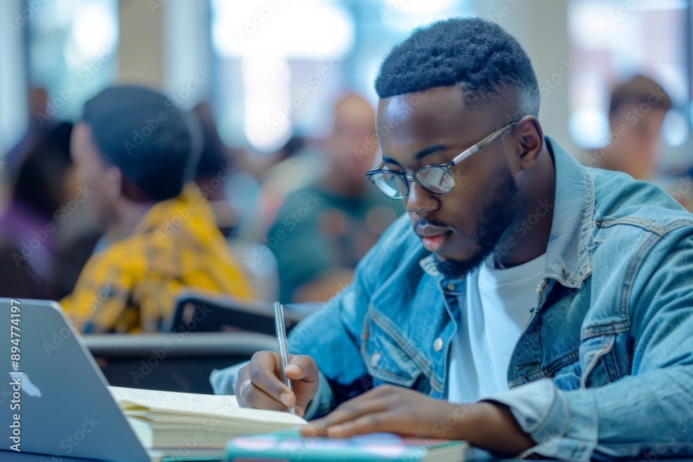 Poster in a bustling library, a student wearing glasses and a denim jacket is immersed in studying with a l