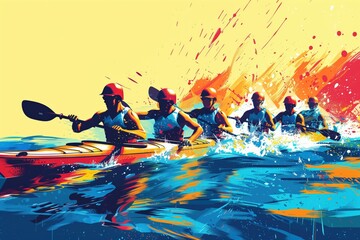 Canoe sprint, paddlers racing, detailed flat design illustration showing canoe sprint paddlers racing on the water, with vibrant colors and dynamic movement, capturing the effort and speed of the race