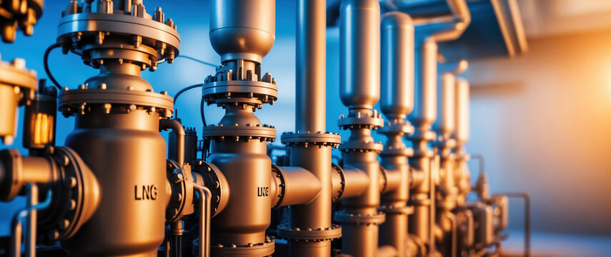 Complex network of pipes and valves composing an industrial lng pipeline system