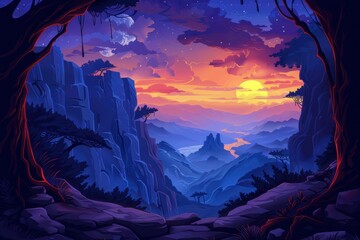 Breathtaking Sunset Over Misty Mountains and Tranquil River in a Serene Landscape