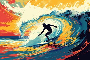 Surfing competition, catching wave, detailed flat design illustration showing a surfer catching a wave during a competition, with vibrant colors and dynamic movement, capturing the skill and