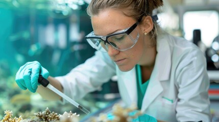 A scientist attired in lab coat and gloves is using a dropper to examine a coral sample in an aquatic laboratory, reflecting precise scientific research and marine studies.