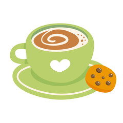 A cup of coffee with cookies. A green cup with a heart. Cookies with chocolate. Romantic dessert