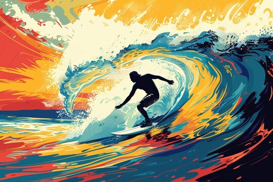 Surfing competition, catching wave, detailed flat design illustration showing a surfer catching a wave during a competition, with vibrant colors and dynamic movement, capturing the skill and