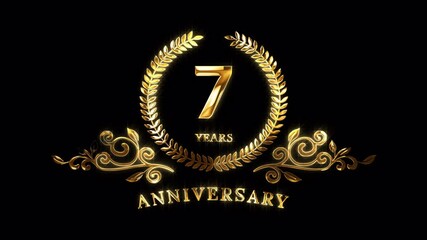 7th Anniversary Celebration. Happy 7 Years Anniversary Animation in Gold Color on the Transparent Background, Alpha Channel. Great for greetings, celebrations, events, and gifts.