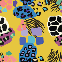 Seamless vector pattern. A vibrant design featuring a colorful leopard and zebra print background. This textile art combines patterns in green blue and pink hues, creating a visually striking art © lolya1988
