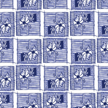 Indigo blue stitch effect flower abstract vector seamless pattern background. Modern masculine graphic design for block print hand craft trend. 