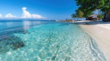 Fototapeta premium A serene beach with crystal-clear water and a tranquil sky, offering a perfect tropical destination with white sands, lush trees, and gentle waves.