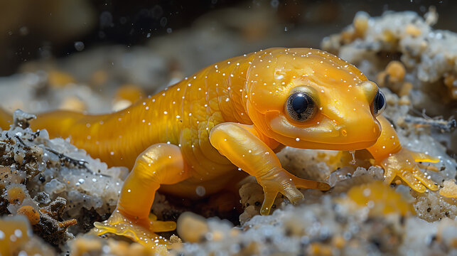 Olm salamander in underground cave system, pale translucent skin, 