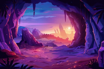 Rocky cave entrance reveals an enchanting landscape of distant mountains and a setting sun.