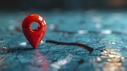 Fototapeta premium Red location pin, bright blue background, map surface, macro photography, high contrast, vibrant colors, sharp focus, reflective surface, minimalist composition.