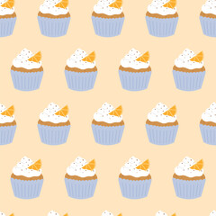 Seamless pattern of cupcakes with cream and orange slice on pink background. Hand drawn doodle style 